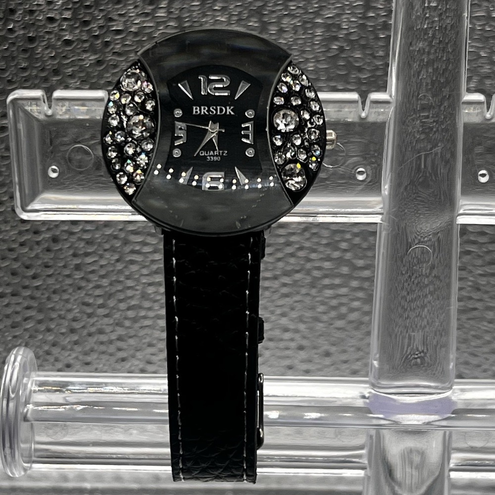 BRSDK Watch Quartz 3390 New Battery Black W/ Rhinestones Silver Numbers